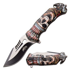 Spring-Assist Folding Knife Black 3.75in Blade Native American Chief Skull EDC