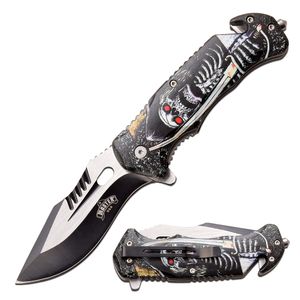 Spring-Assist Folding Knife 3.75in Black Blade Tactical Skull Pirate Cutlass