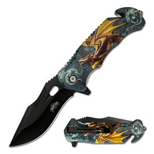 Spring-Assist Folding Knife 3.75in Black Blade Tactical Green Gold Dragon