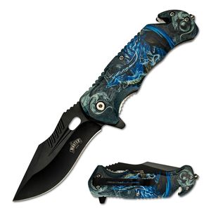 Spring-Assist Folding Knife 3.75in Black Blade Tactical Green Blue Dragon