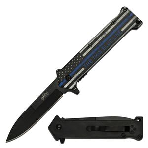 Spring-Assist Folding Knife 3.75In Blade Thin Blue Line American Flag Stiletto