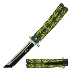 Spring-Assist Folding Knife 3.75In Blade Green Weed Marijuana Cannabis Leaves