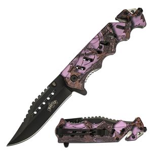 Spring-Assist Folding Knife | Pink Camo Tactical Rescue EDC 3.5in Steel Blade