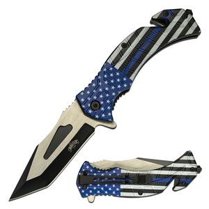 Spring-Assist Folding Knife | American Flag Blue Line Police EDC Tactical Rescue