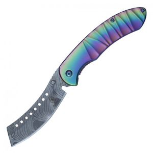 Spring-Assist Folding Pocket Knife Buckshot 8in Damascus Etch Razor Blade Rainbow
