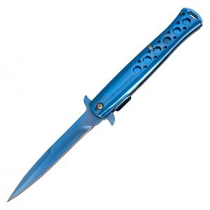Spring-Assist Folding Knife | Stainless Steel 4in. Blade Stiletto - Blue