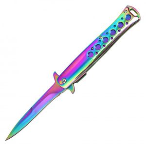 Spring-Assist Folding Knife | Stainless Steel 4in. Blade Stiletto - Rainbow