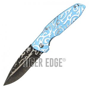 Spring-Assisted Folding Knife Wartech Stonewash Blue Elegant Fantasy EDC
