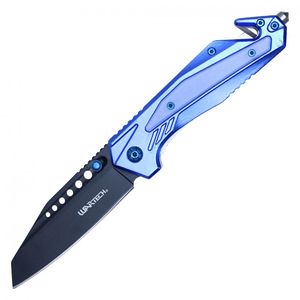 Spring-Assist Folding Knife | Blue Tactical Rescue Blade Glass Breaker PWT318BL