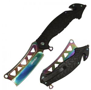 Spring-Assist Folding Knife 3.75in Cleaver Blade Tactical Rescue - Black/Rainbow