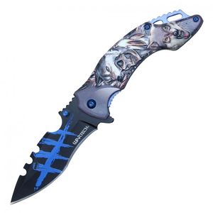 Spring-Assist Folding Knife Wartech 3.5in. Black Blade Fantasy Skull Wolf - Blue