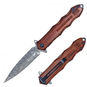 Spring-Assist Folding Knife | Damascus Etch Blade Gothic Stiletto Wood Handle