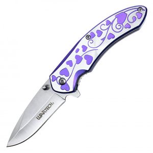 Spring-Assist Folding Knife | Wartech Purple Silver Hearts Vine 3in. Blade EDC