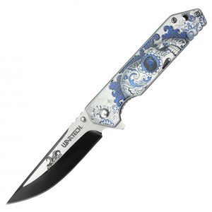 Spring-Assist Folding Pocket Knife Wartech Blue/Silver Calavera Sugar Skull EDC