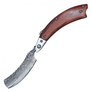 Straight Razor Folding Knife 3in. Blade Brown Wood Stainless Damascus Etch Blade