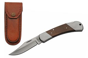 Folding Knife Lockback Pocket 3.85In Blade Brown Wood Handle + Leather Sheath