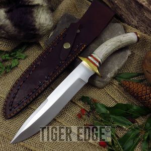 Fixed-Blade Bowie Knife 13in. Stag Handle Brass Frontier Blade w/ Leather Sheath