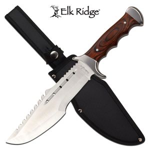 Hunting Knife Elk Ridge 8.25in. Blade Combat Bowie Full Tang Brown Wood Handle