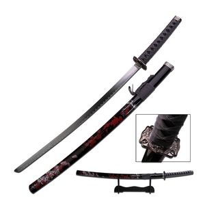 Japanese Samurai Sword Katana | Black Blood Red Carbon Steel + Wood Stand