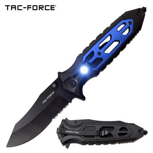 Spring-Assist Folding Knife Tac-Force Black Serrated 3.75in Blade LED Light Blue