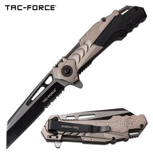 Spring-Assist Folding Knife Tac-Force 3.75in Sheepsfoot Blade Serrated Black Tan