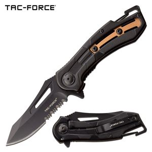 Spring-Assist Folding Knife Tac-Force Serrated Carabiner Tactical Black Bronze