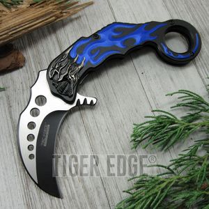 Spring-Assist Folding Knife Tac-Force Karambit Tactical Blue Flaming Skull