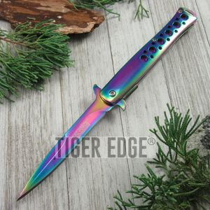 Spring-Assist Folding Pocket Knife Tac-Force Rainbow Chrome Stiletto Blade EDC