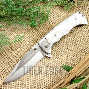 Spring Assisted Folding Pocket Knife Tac-Force Silver Blade White Pearl Tactical