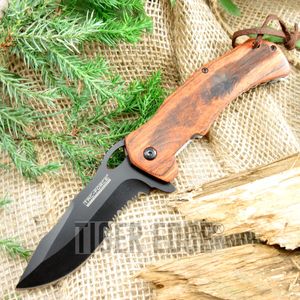 Spring Assisted Folding Pocket Knife Tac-Force Serrated Black Blade Brown Wood