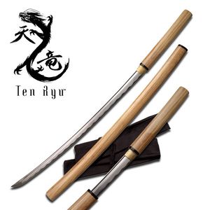 Ten Ryu Forged Carbon Steel Natural Wood Shirasaya Japanese Samurai Sword