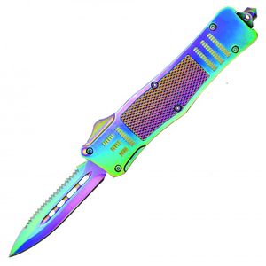 Out-the-Front Automatic Knife 8in. Rainbow Serrated Double Edge Heavy Duty OTF
