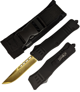 Out-The-Front Automatic Knife 9.4in. Overall Gold Drop Point Blade OTF - Black