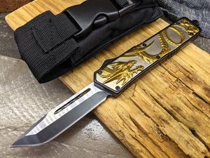 OTF Automatic Knife | Atomic Out-The-Front Tanto Blade Gray Gold Dragon