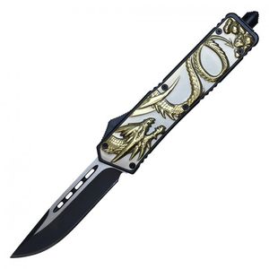 OTF Automatic Knife | Atomic Out-The-Front Drop Point Blade Gray Gold Dragon