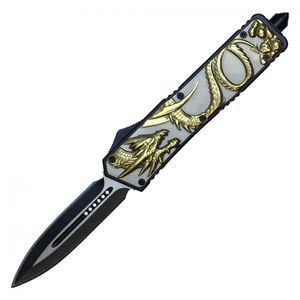 OTF Automatic Knife | Atomic Out-The-Front Push Button Gold White Dragon